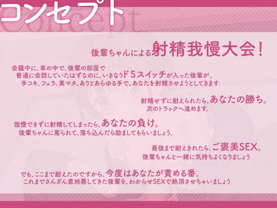 【KU100】ドSスイッチが入った後輩OLに射精我慢させられるはなし〜最後まで耐えきってご褒美中出し〜【ASMR】(プロダクションみかん) - FANZA同人