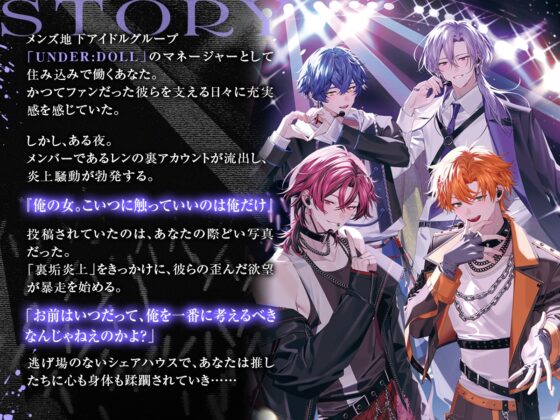 【共有肉◯器×楽屋◯教】UNDER:DOLL 00. 導入編「壁の向こうにファンがいるんだからな……っ！ほら、口塞いでやるからしゃぶれよ。精液、全部飲み込んで反省しろ♡」 [Cone and Dome] | DLsite がるまに