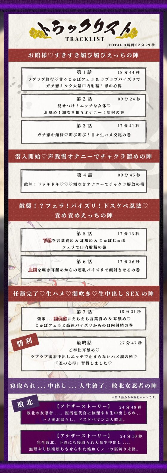 【KU100】【3時間OVER】【NTR×ハメ潮×孕ませ】〜爆乳くノ一ガチ恋の巻〜「くノ一 VS 下忍・上忍・悪代官」おちんぽ媚び媚びの術【CV分倍河原シホ】 [バイノーラルサンド] | DLsite 同人 - R18