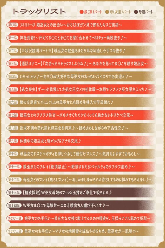 【W蒸れ巫女×特濃オホ声】巨乳蒸れ巫女母娘のエロ汁噴出ドスケベちん媚び汗っくす♪〜発情母娘に種付け巫力補給！孕ませ子宝神社〜【大ボリューム約4時間！】