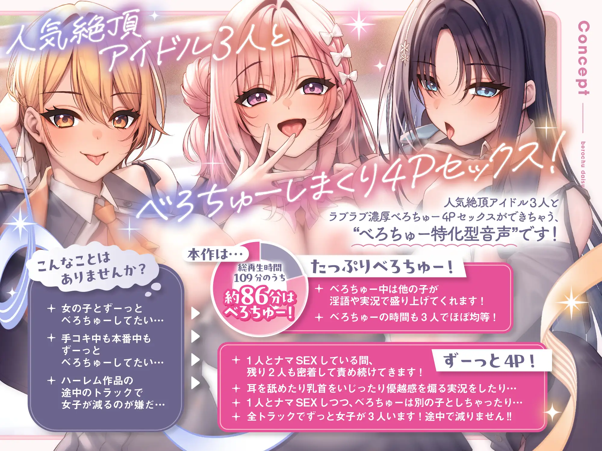 べろちゅー大好きアイドル3人と優越感MAXハーレム4P-かわるがわる濃厚ラブラブべろちゅー&優越感ムクムク実況&好きな子を選んで密着4PべろちゅーナマSEX-【キス特化】 [みずのちょう] | DLsite 同人 - R18