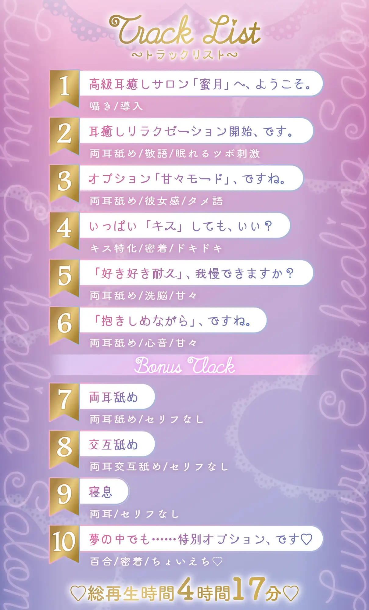 【たっぷり♡4時間超】高級耳癒しサロン 〜密着囁き・耳舐めリラクゼーション〜【安眠特化♡両耳】 [みつつきRecordS] | DLsite 同人 - R18